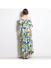 Vintage style Rose Print Off-Shoulder Fashion Maxi Dress