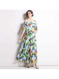 Vintage style Rose Print Off-Shoulder Fashion Maxi Dress