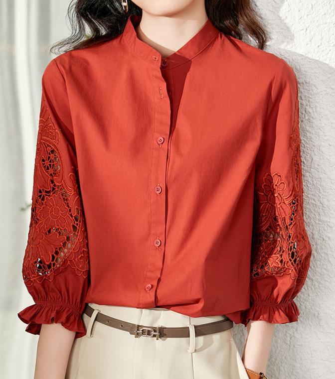 On Sale Stand Collars embroidery Hollow Out Blouse