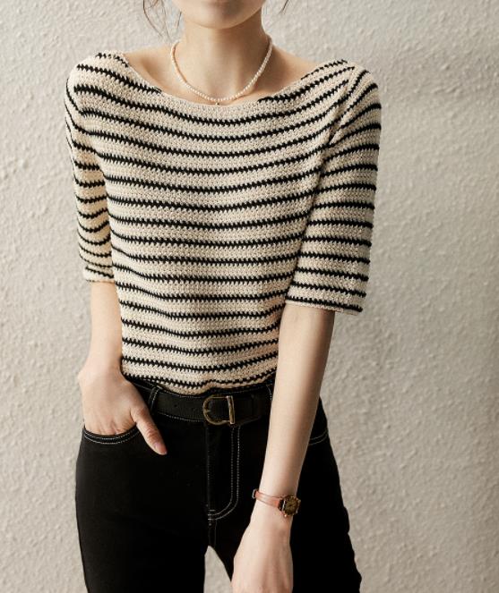 Outlet Stripe Sweet Fresh Color Matching Knitting Top