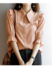Temperament age-reducing doll collar fungus   bell-sleeved professional shirt