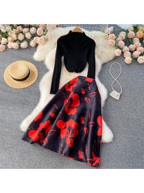 Korea style chic temperament stand-up collar slim-fit knitted top high-waist Floral skirt two-pie...