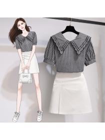 New style Korean fashion plaid lapel top white slit skirt two pieces set