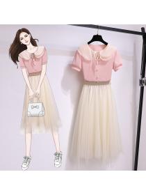 Fashion style lapel top lace-up shirt A-line skirt Two pieces set