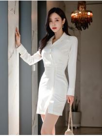 Korean fashion square collar waist splicing design sense dress