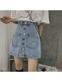 Korean fashion high waist button skirt matching student A-line denim skirt
