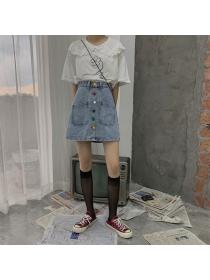 Korean fashion high waist button skirt matching student A-line denim skirt