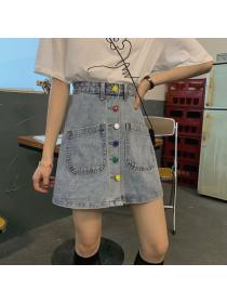 Korean fashion high waist button skirt matching student A-line denim skirt