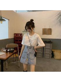 Korean fashion high waist button skirt matching student A-line denim skirt