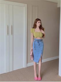 Hot sale High-waist Slit Denim Skirt Mid-length Skirt