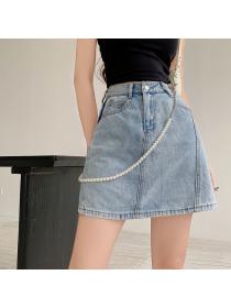 Fashion Detachable Pearl Chain Skirt Denim Skirt