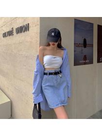 Korean fashion trend loose matching high-waist denim skirt with belt