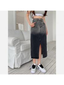 Korean fashion Gradient High Waist Slit Midi Denim Skirt with Chain Belt