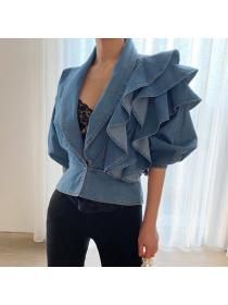 Lotus leaf edges denim V Neck Long sleeve Denim Top