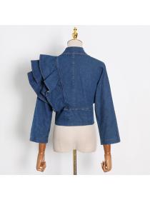 Lotus leaf edges denim V Neck Long sleeve Denim Top