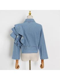 Lotus leaf edges denim V Neck Long sleeve Denim Top