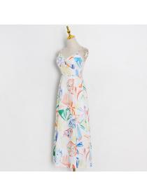 European fashion High waist Slit Print Strap dress for women