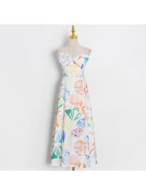 European fashion High waist Slit Print Strap dress for women