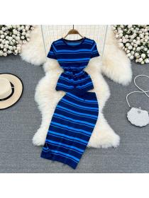 Knitted striped skirt fashion casual round neck slim top women's two-piece set