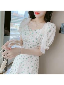 French style square neck slim-waist temperament floral dress