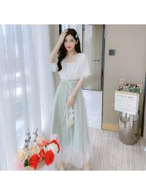 Chinese style Square neck Short-sleeved dress for women