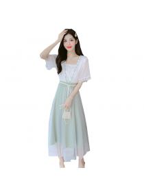 Chinese style Square neck Short-sleeved dress for women