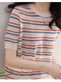 On Sale Stripe Color Matching Knitting Top 