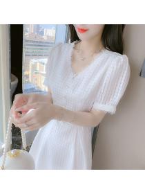 Summer new women's French white V-neck dress short-sleeved dress