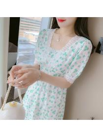 French style square neck slim-waist tempeament embroidered floral dress
