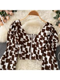 Outlet Korean fashion puff sleeve Leopard print shirt matching top