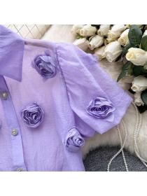 Summer new chic shirt women's slim 3D flower short-sleeved matching blouse