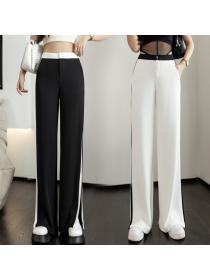 Summer split wide-leg pants women's fashion striped straight trousers