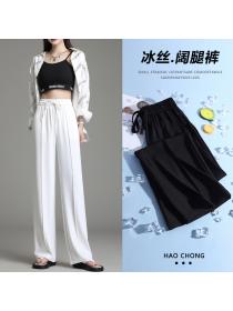 White ice silk wide leg pants summer thin  high waist plus size loose casual suit pants