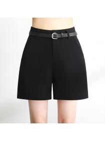 Women's summer thin Black suit shorts high-waist A-line wide-leg shorts(with belt)