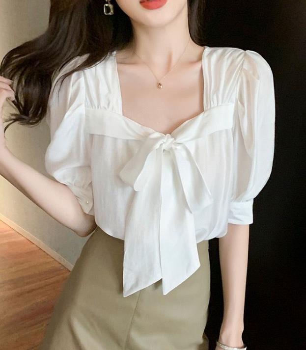 On Sale Pure Color Bowknot Matching  Fashion Blouse