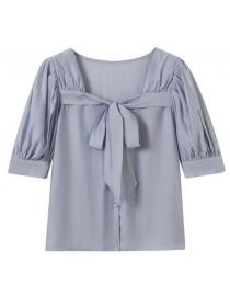 On Sale Pure Color Bowknot Matching  Fashion Blouse 