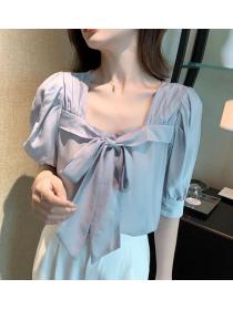 On Sale Pure Color Bowknot Matching  Fashion Blouse 