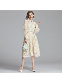 Vintage style Lantern sleeve Lace Elegant long-sleeved dress with belt