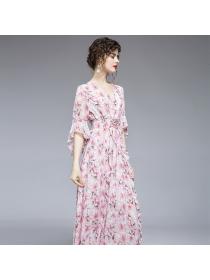 Vintage style V-neck flared sleeve floral chiffon maxi dress 