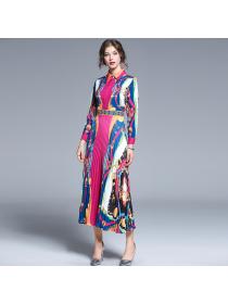 New Fashion style Polo-neck Print Maxi Dress