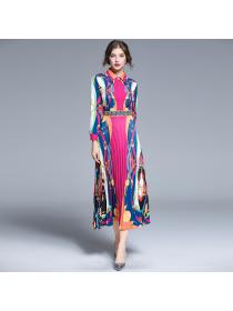 New Fashion style Polo-neck Print Maxi Dress