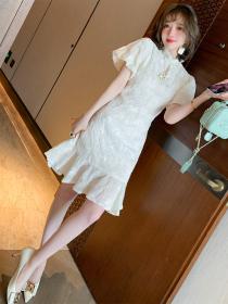 Summer new style stand collar beaded button embroidered jacquard slim dress