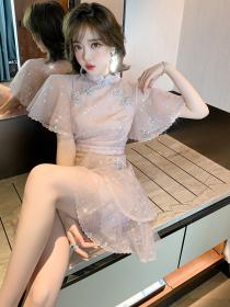 Sequined mesh ruffled Slim-waist stand-up collar cheongsam dress