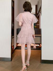 Sequined mesh ruffled Slim-waist stand-up collar cheongsam dress