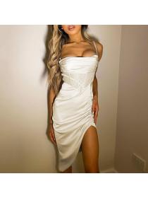 Outlet hot style satin fish bone pleated high slit sling dress