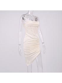 Outlet hot style satin fish bone pleated high slit sling dress