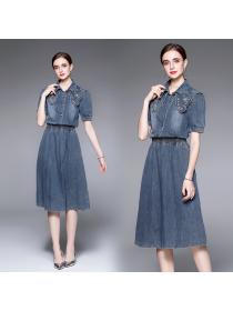 Summer fashion Polo-neck mid-length denim dress