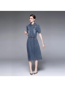 Summer fashion Polo-neck mid-length denim dress