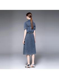 Summer fashion Polo-neck mid-length denim dress