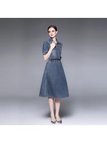 Summer fashion Polo-neck mid-length denim dress